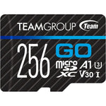 TEAMGROUP GO Card 256GB MicroSDXC front view showcasing sleek product design and 4K capability branding.