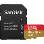 SanDisk Extreme 128GB microSDXC memory card front view with gold and red branding detailing speed specifications