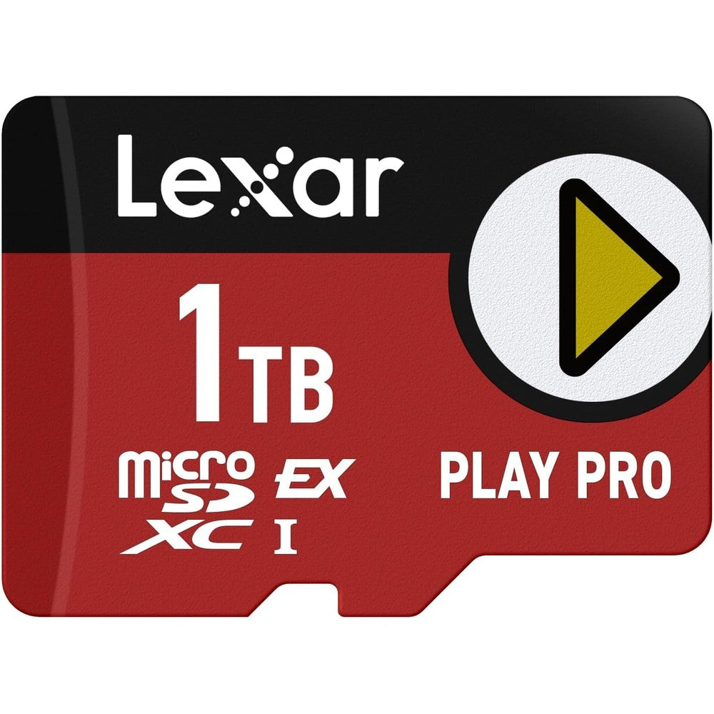 Lexar 1 Terabyte Play PRO microSD Express Card front view showing premium black design and high speed branding.