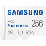 Samsung PRO Endurance 256GB MicroSDXC card front view showing branding and speed ratings.