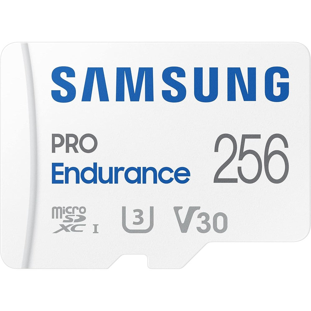 Samsung PRO Endurance 256GB MicroSDXC card front view showing branding and speed ratings.