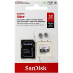 SanDisk Ultra 32GB microSDHC memory card retail package front view showing high speed rating and full-sized SD adapter.