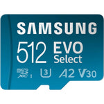 Samsung EVO Select 512 Gigabytes memory card front view displaying branding and speed ratings