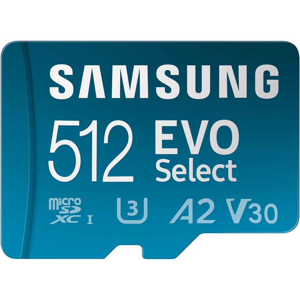Samsung EVO Select 512 Gigabytes memory card front view displaying branding and speed ratings