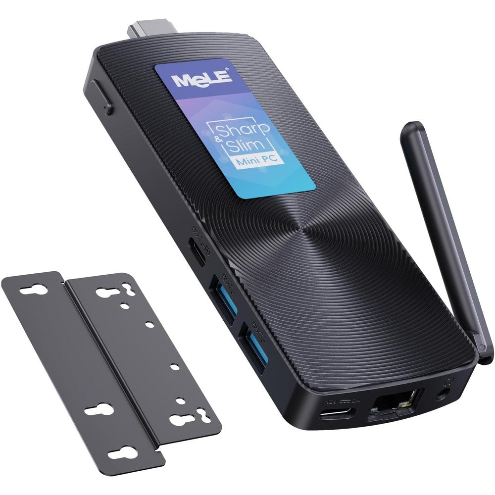 MeLE PCG02 Fanless Mini PC Stick front view showing the compact pocket computer layout