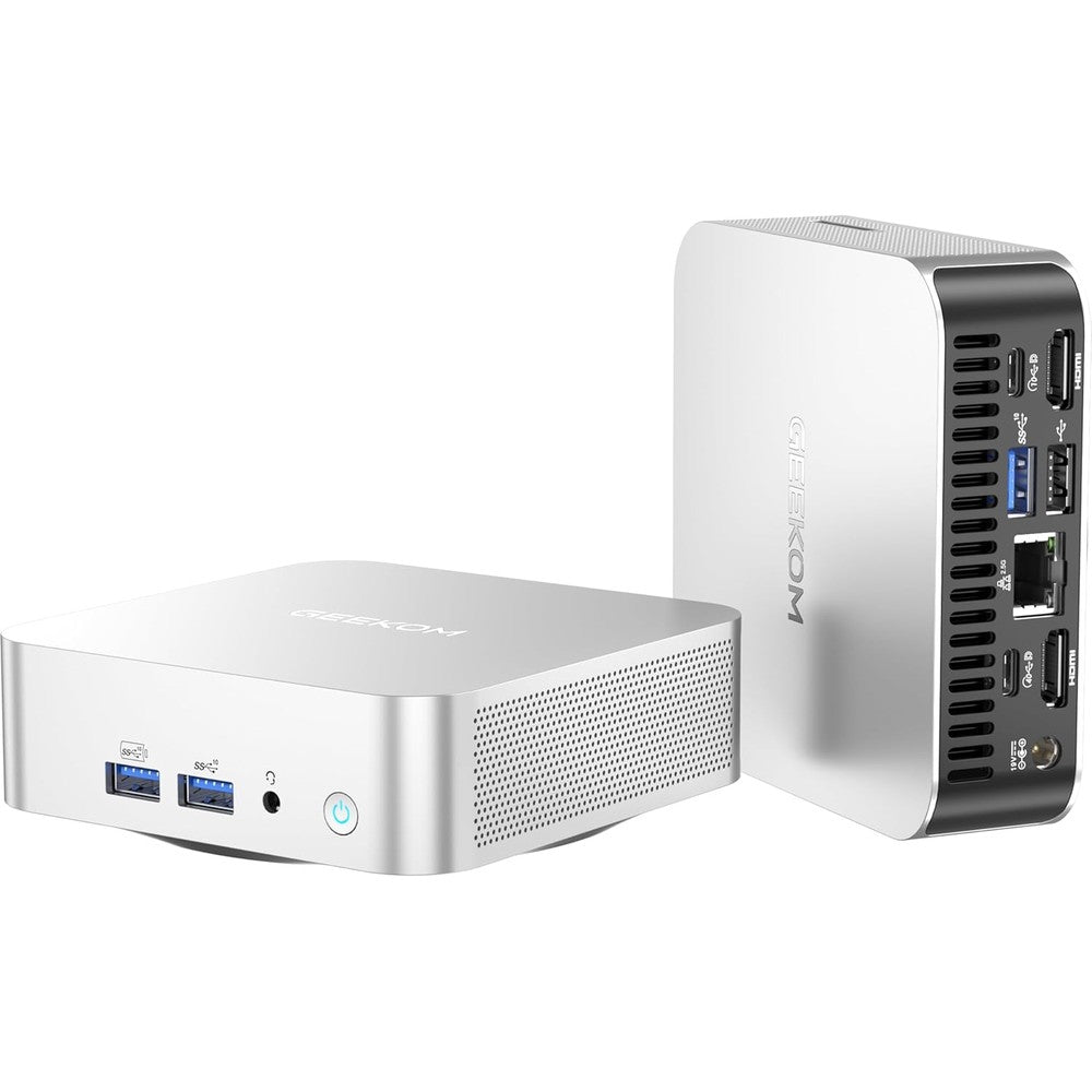 GEEKOM A6 mini PC front view showing sleek silver aluminum chassis design.