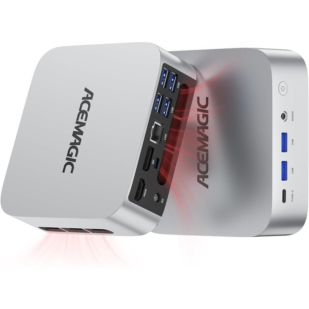 Acemagic M1 Mini PC front view showing compact metal chassis design.