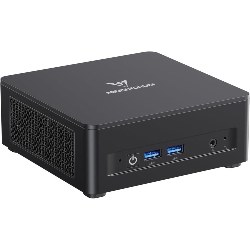 Minisforum UM760 Slim mini personal computer front view showing power button and dual high speed ports