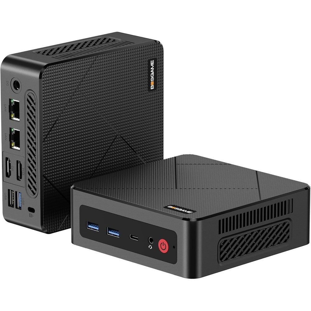 BOSGAME E4 Mini PC front view displaying power button and audio ports on a modern office desk setup.