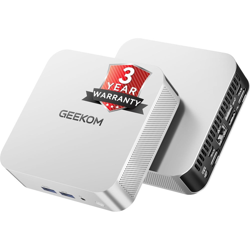 GEEKOM A6 Mini PC front view showing the power button and audio jack on the premium white aluminium chassis.