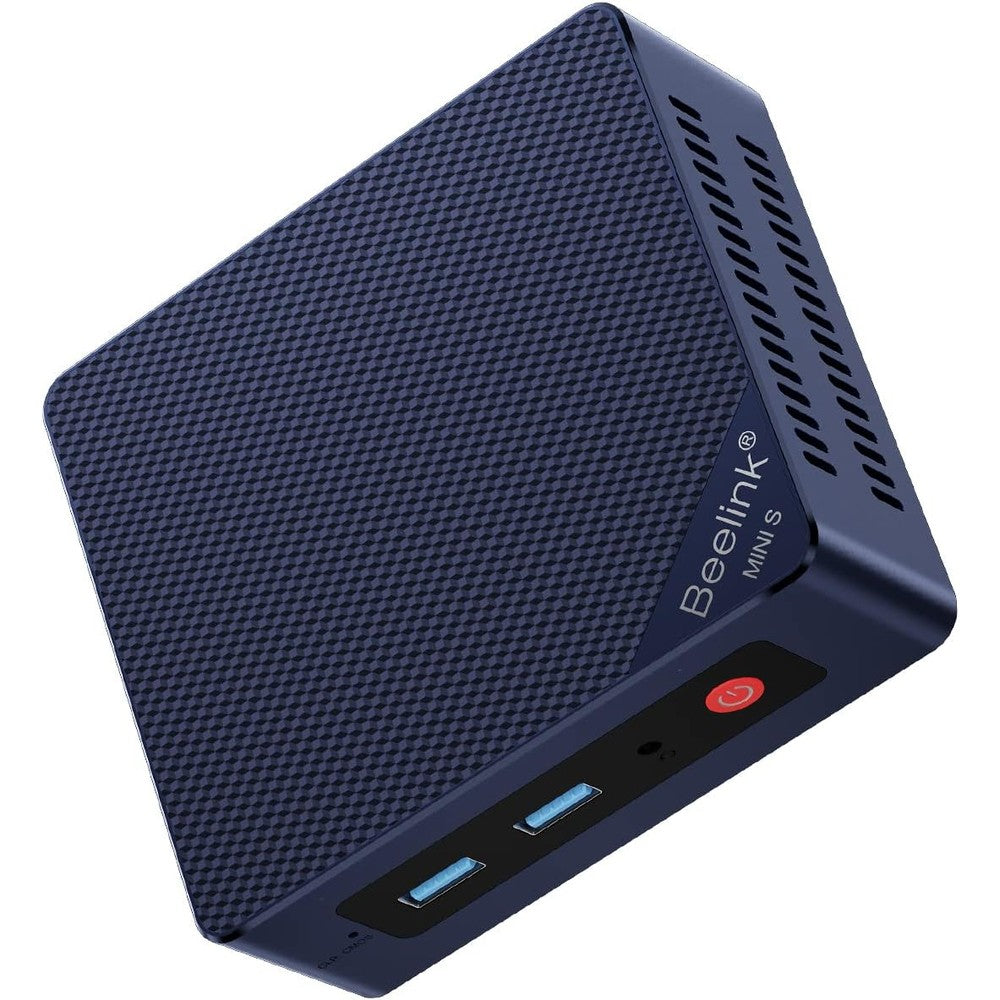 Beelink Mini S12 computer front view showing power button and ports.