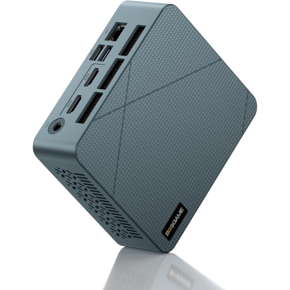 BOSGAME E2 Mini PC compact desktop computer front view featuring power button and ports