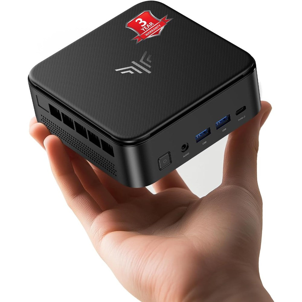 KAMRUI E3B Mini PC front view showing textured black casing and power button