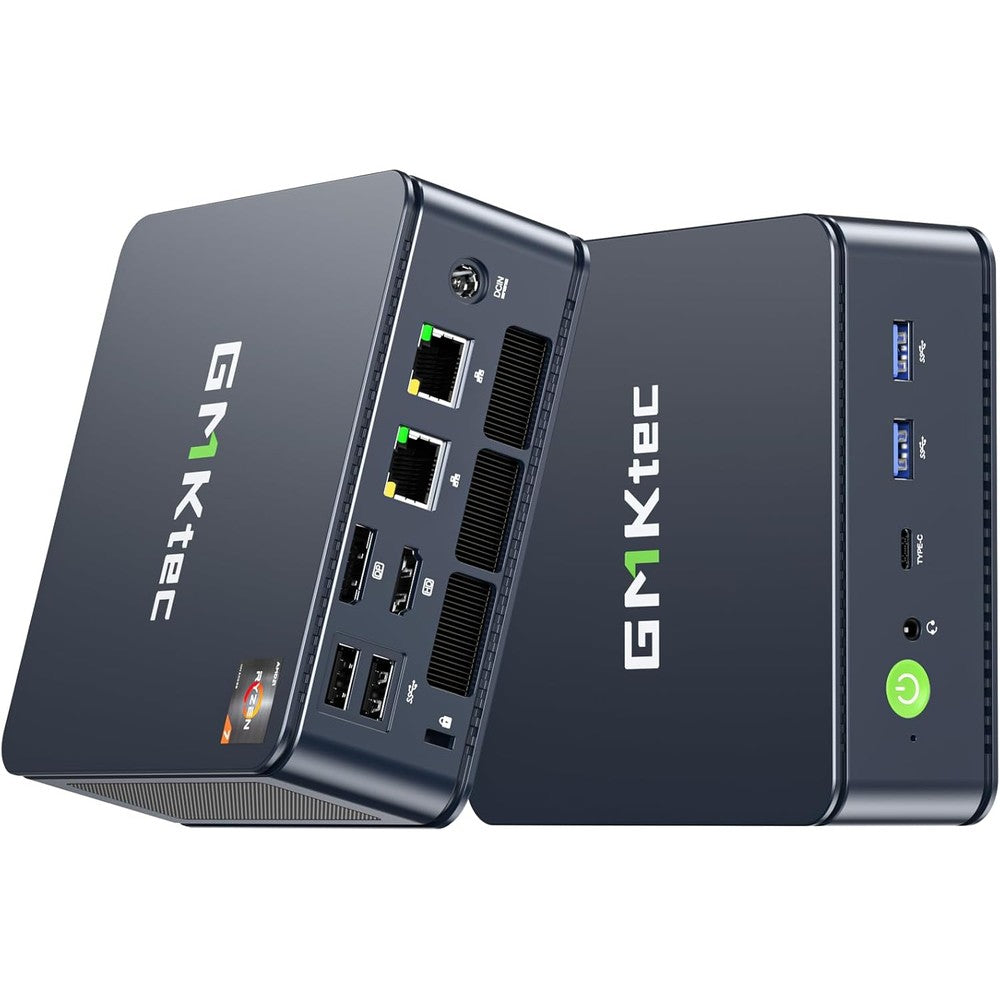 GMKtec M5 Plus gaming mini PC front view showing compact chassis layout and power button