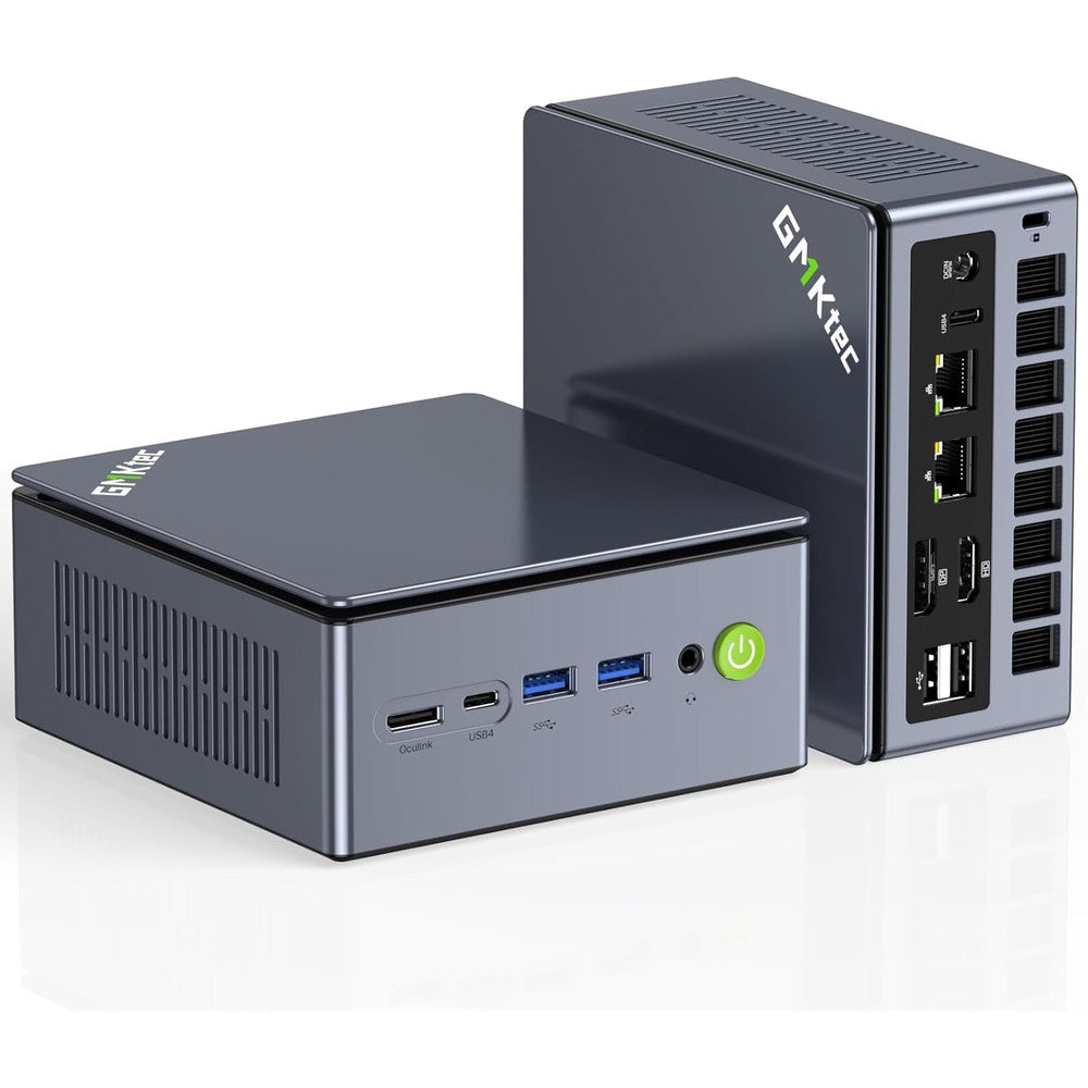 Gmktec M7 Ultra Mini PC front view with OCuLink port