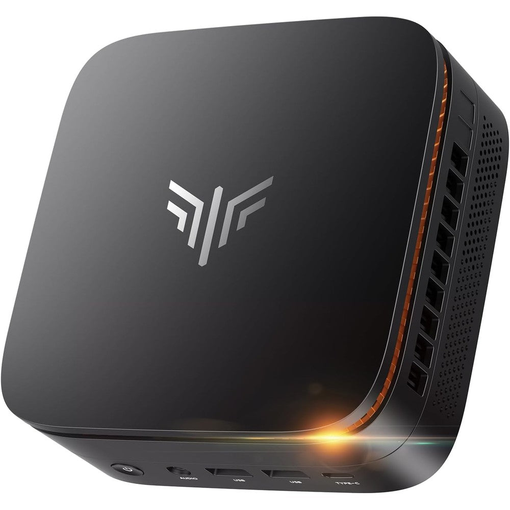 KAMRUI Pinova P1 Mini PC front view displaying premium compact desktop workspace setup.