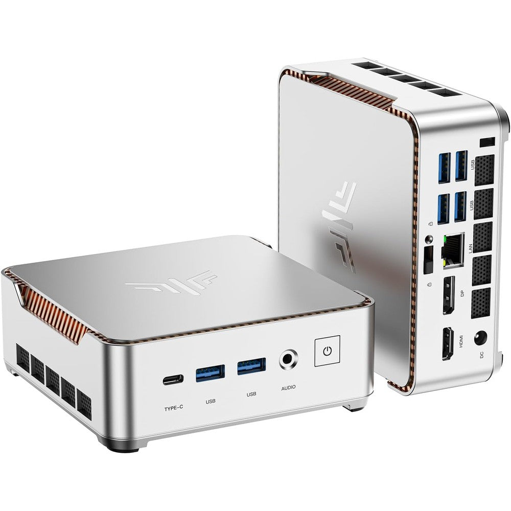 KAMRUI Pinova P2 Mini PC silver front view showing power button and audio jack