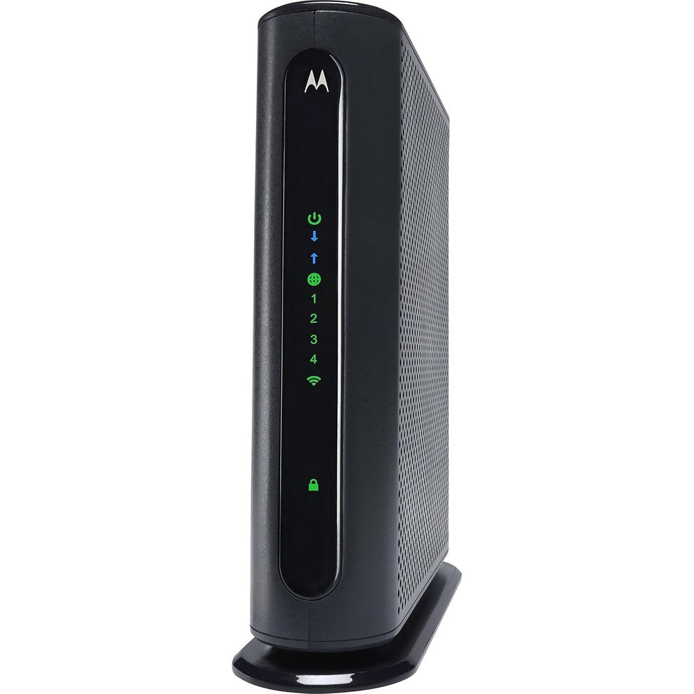 Motorola high speed cable modem router combo front view showing black vertical design and led indicator lights