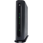 Motorola high speed cable modem router combo front view showing black vertical design and led indicator lights