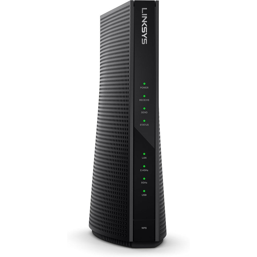 Linksys AC1900 cable modem router combo front view showing black vertical mesh design with LED status indicators