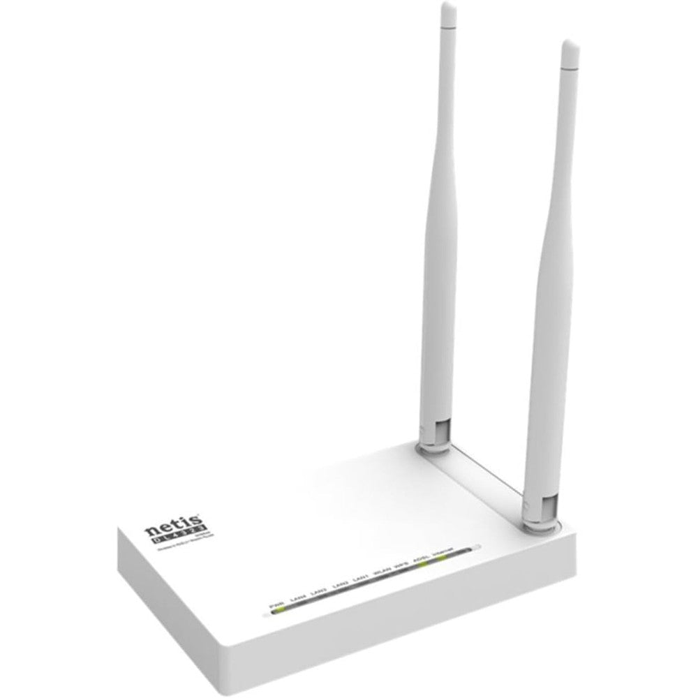 Netis DL4323 N300Mbps wireless ADSL2+ modem router front view showing dual high gain antennas
