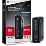 Motorola ARRIS SURFboard SBG6580 black cable modem router front view displaying indicator lights