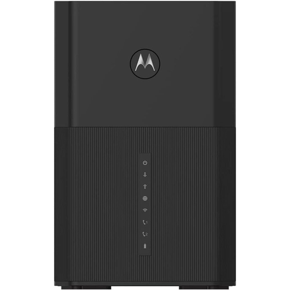 Motorola MT8733 Wi-Fi 6 cable modem router combo front view showcasing sleek black vertical design.
