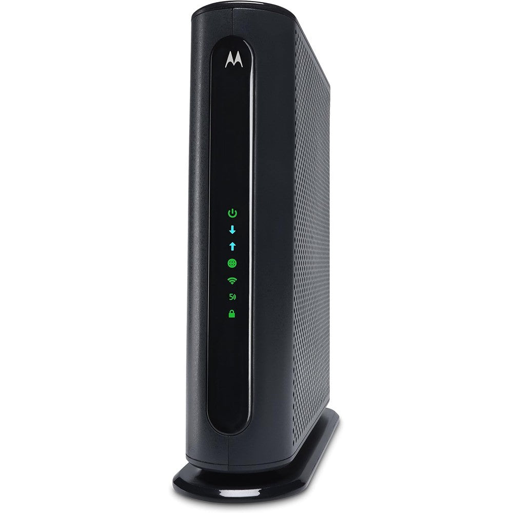 Motorola MG7540 cable modem wifi router combo front view showing status indicator lights