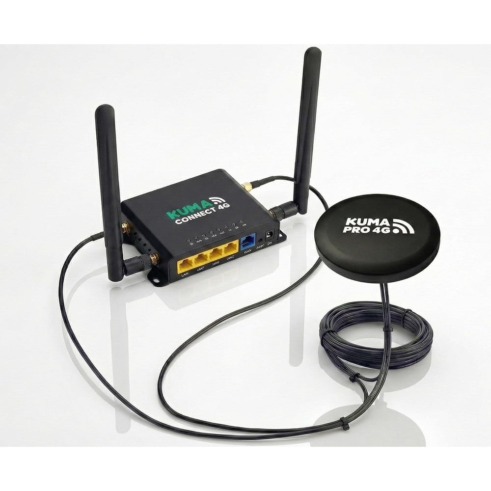 KUMA Connect PRO 4G LTE RV WiFi Kit front view showing the industrial metal router body and main status indicator LEDs.