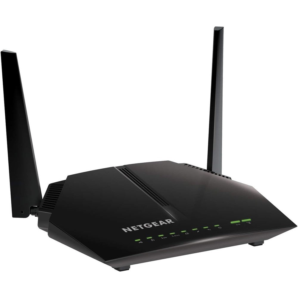 Netgear AC1200 WiFi Cable Modem Router C6220 front view showing vertical orientation and status indicator lights.