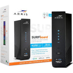 ARRIS SURFboard SBG7600AC2 front view showing sleek black tower design with glowing vertical LED status indicators for home networking setup.