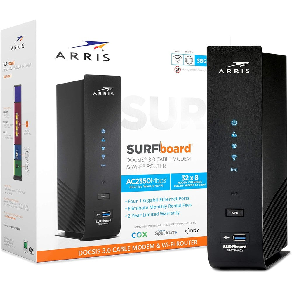 ARRIS SURFboard SBG7600AC2 front view showing sleek black tower design with glowing vertical LED status indicators for home networking setup.