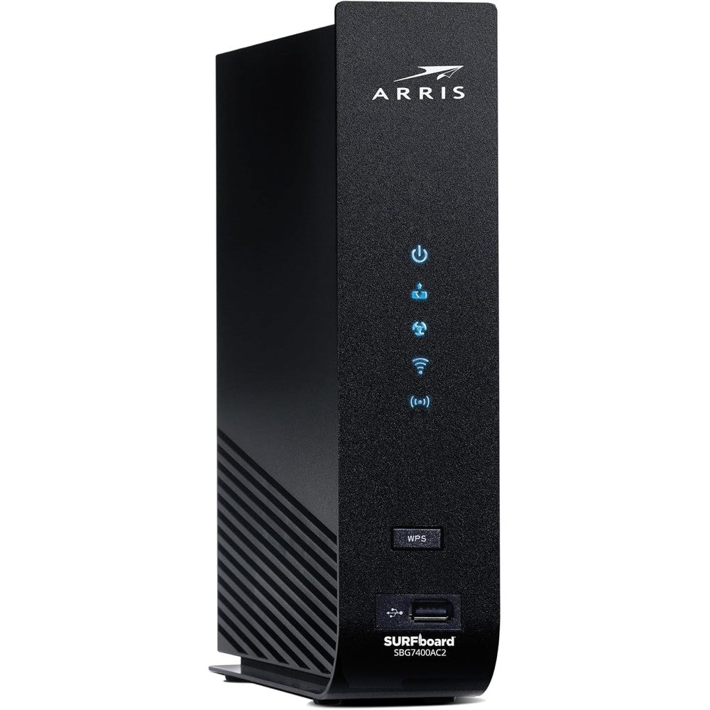 ARRIS SURFboard SBG7400AC2 dual band cable modem router combo front view showing status indicator lights.