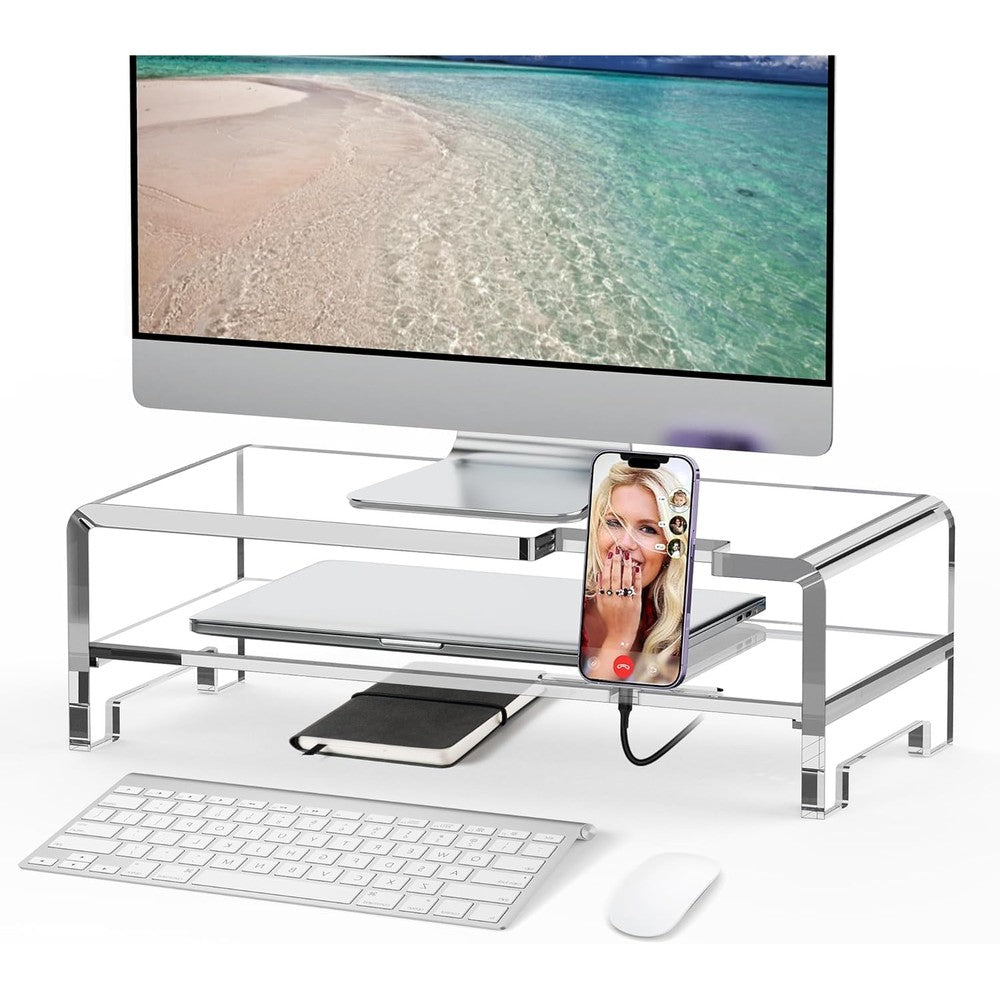 Beimu acrylic monitor stand riser front view displaying clear desktop organization
