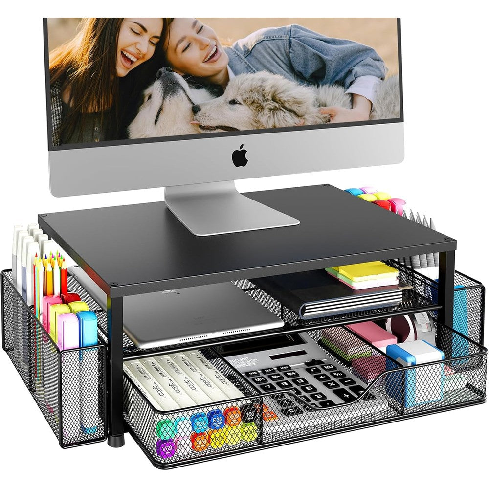 OPNICE 2 Tier Computer Monitor Stand Riser front view showing black mesh design and sliding drawer