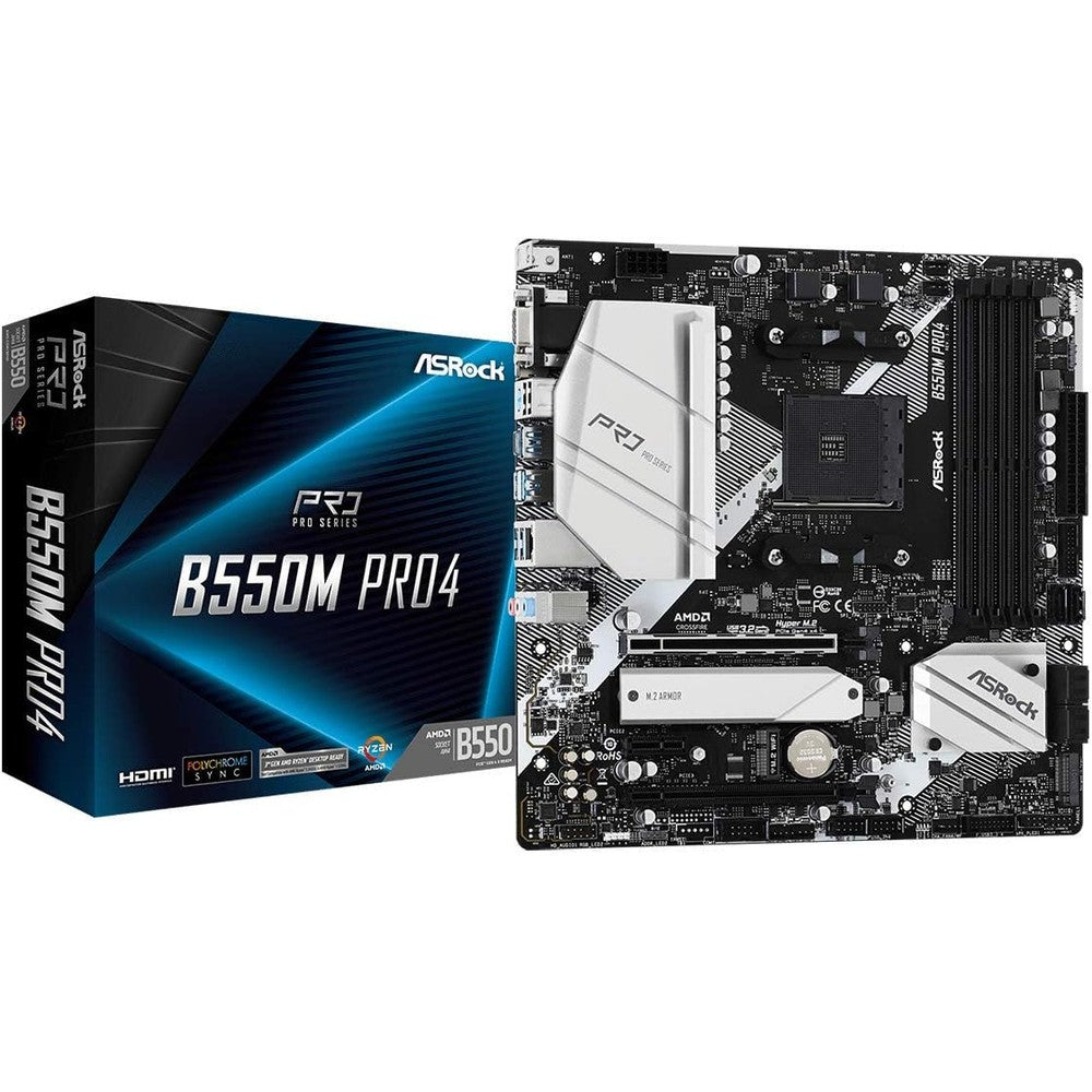 ASRock B550M PRO4 micro ATX motherboard front view showing white heat sinks and AM4 socket