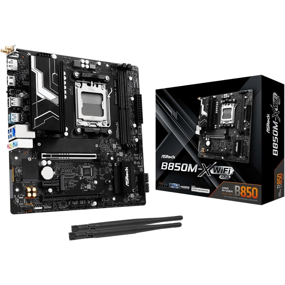 ASRock B850M-X WiFi R2.0 AM5 Micro-ATX Motherboard front view showcasing the AM5 socket and premium heatsinks.