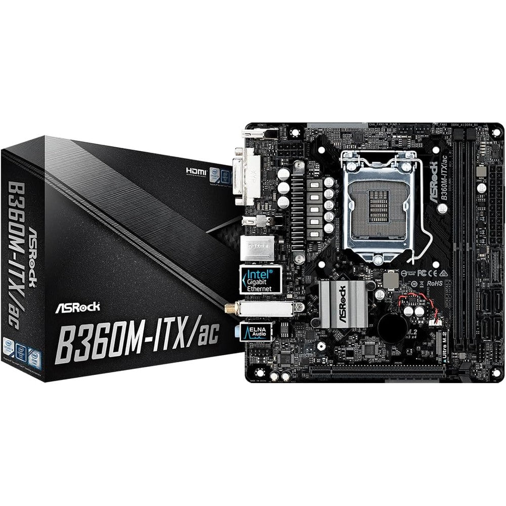 ASRock B360M-ITX/AC motherboard front view showcasing compact Mini-ITX layout