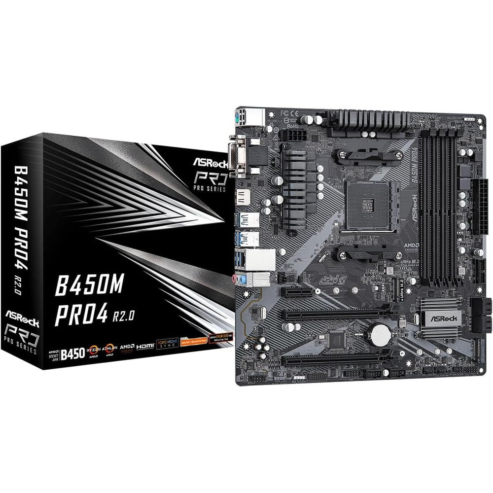 ASRock B450M Pro4 R2.0 Micro ATX motherboard front view showing AM4 socket layout