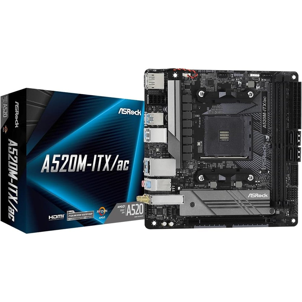ASRock A520M-ITX/ac motherboard front view compact computer hardware