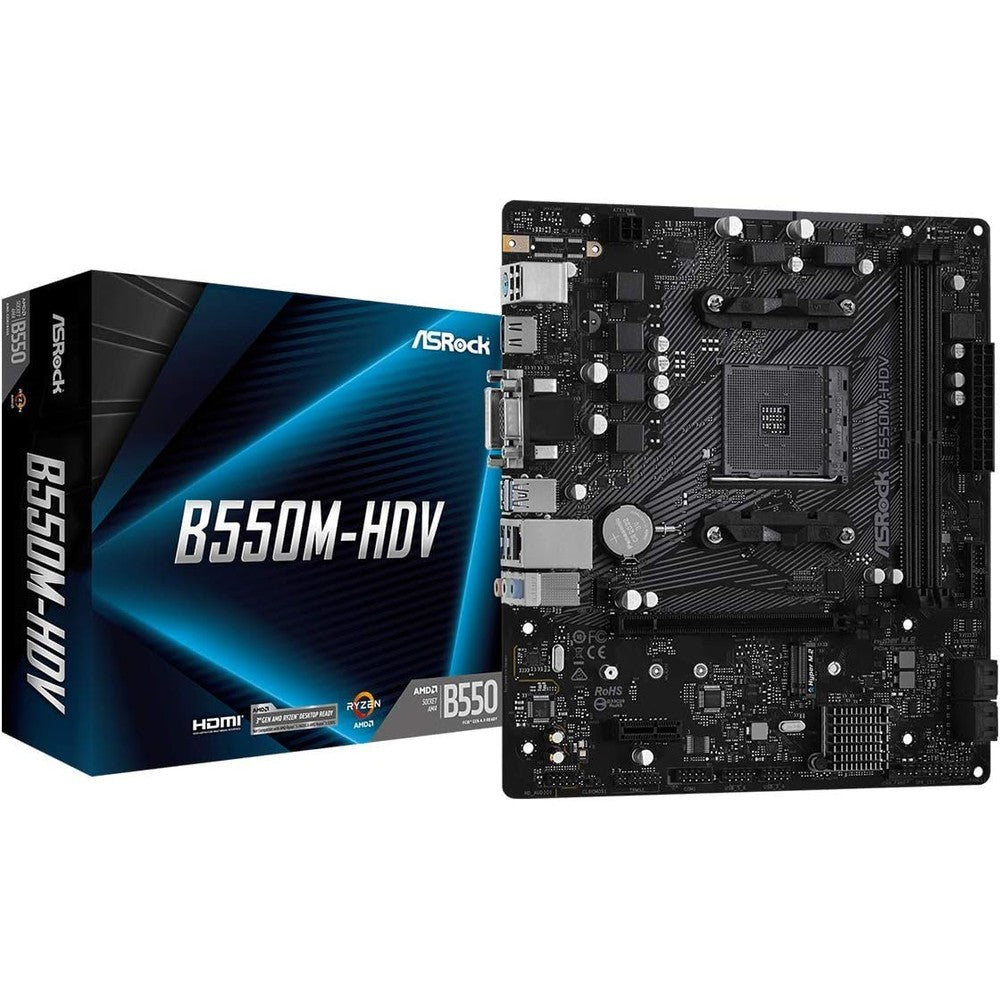 ASRock B550M-HDV micro-atx motherboard front view showing processor socket and memory slots