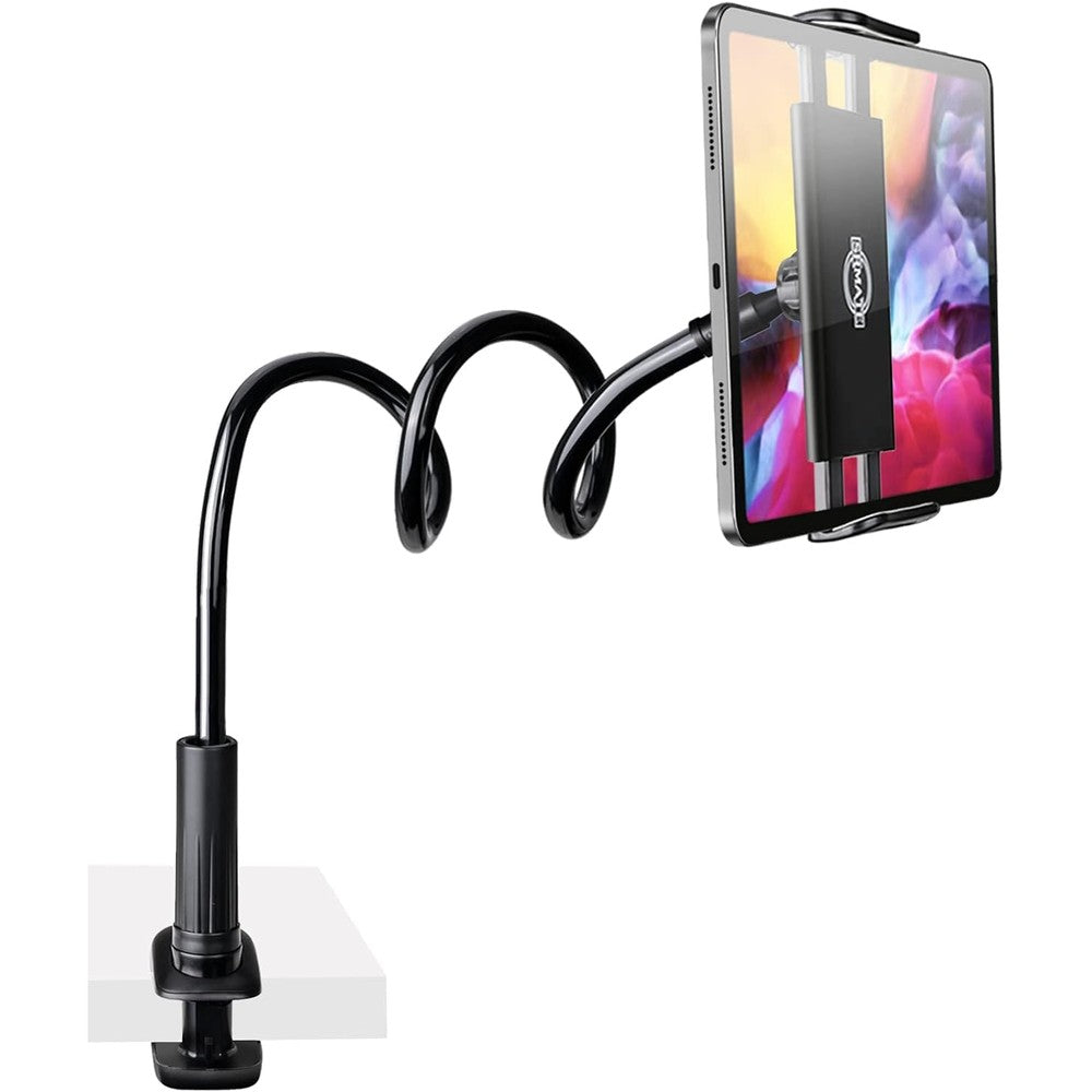 SRMATE gooseneck tablet stand front view mounted on a bedroom headboard