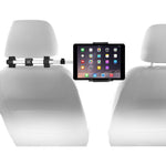 Macally Car Headrest Mount Holder front view holding an iPad between front car seats.