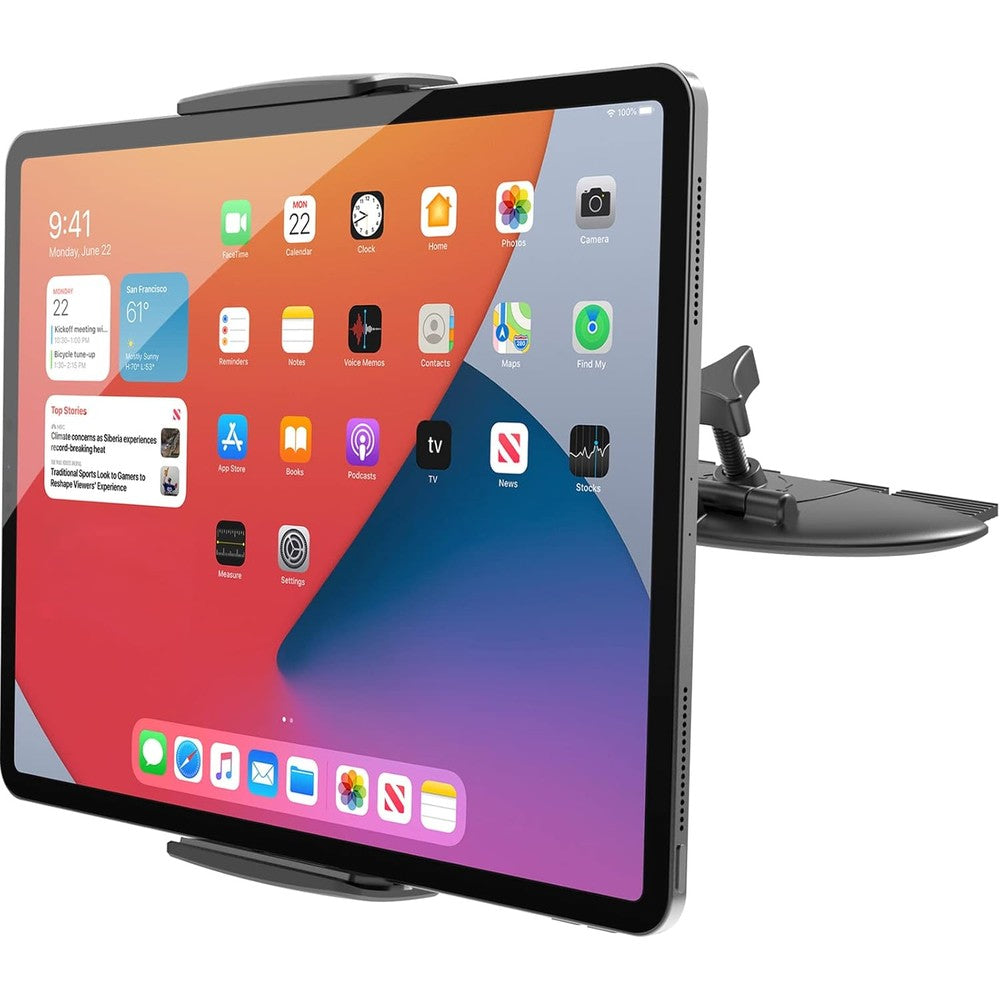 APPS2Car Universal Tablet CD Slot Car Mount front view securely holding a tablet device on a car dashboard.