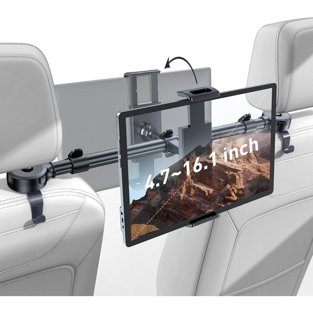Tryone car headrest tablet holder showing front view installation on vehicle seat posts.