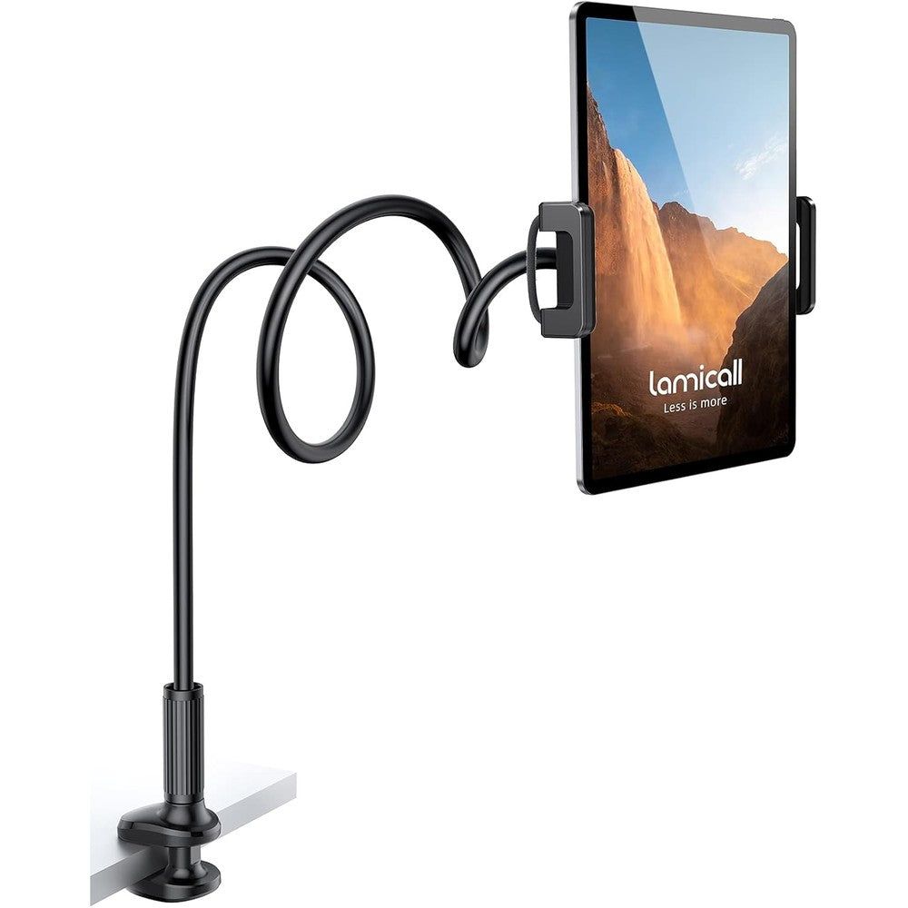 Lamicall gooseneck tablet mount holder for bed front view showing black flexible arm