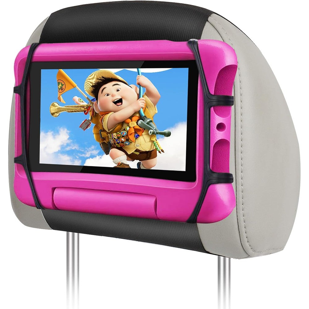 WONNIE car headrest mount holder front view with pink silicone net holding tablet