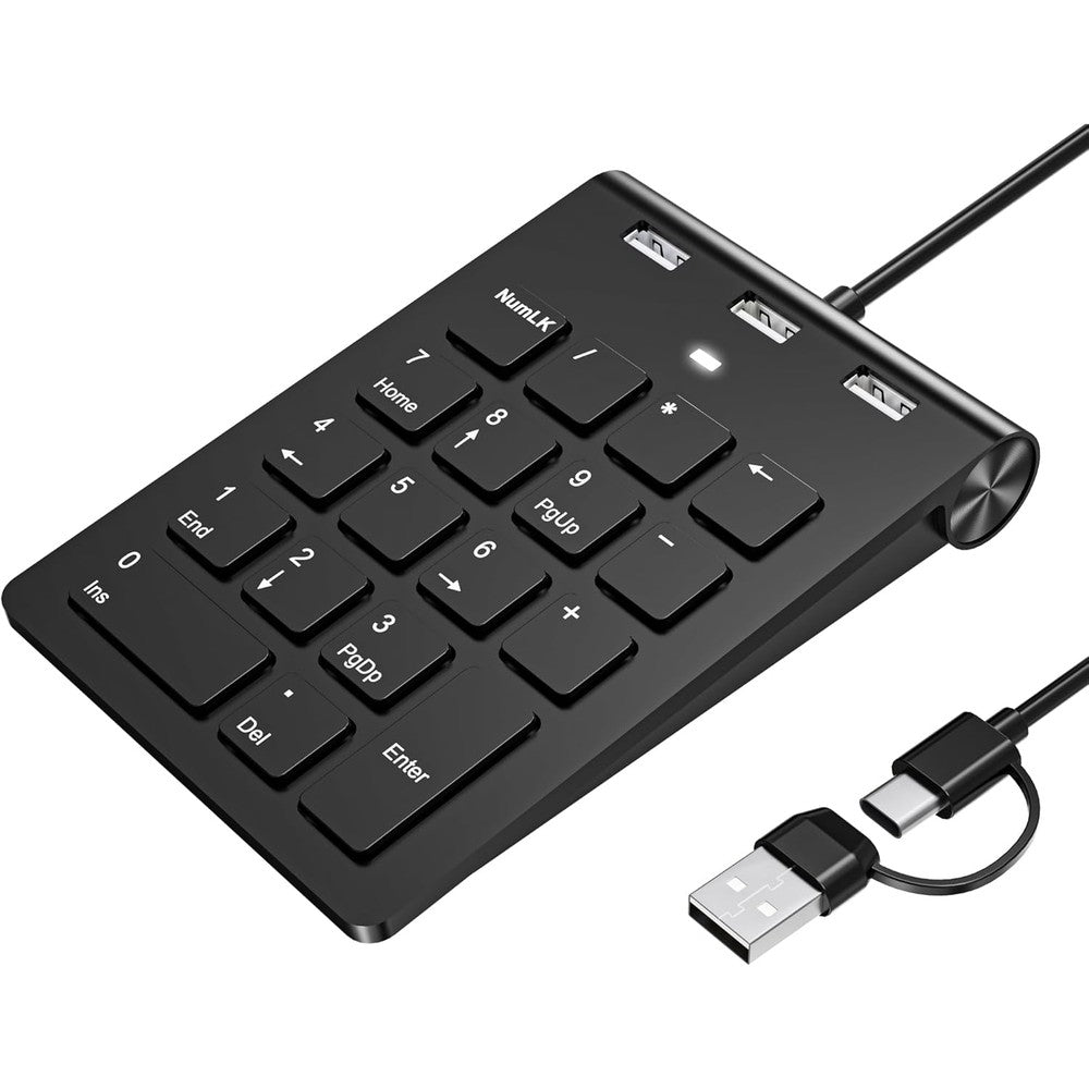 Suejezt 18 key wired numeric keypad front view showing slim keys and ergonomic tilt.