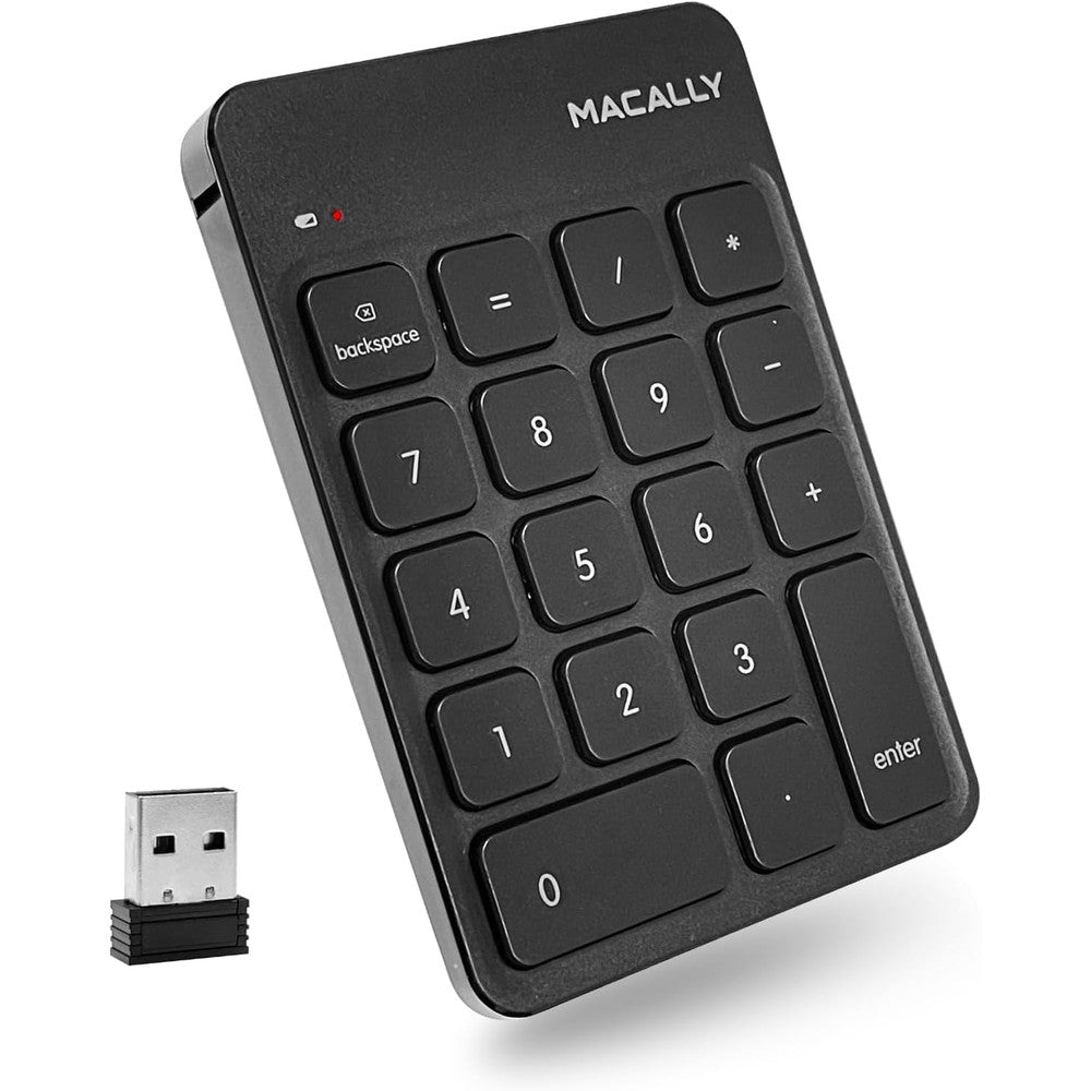 Macally wireless numeric keypad front view showcasing the eighteen key layout for professional accounting data entry.