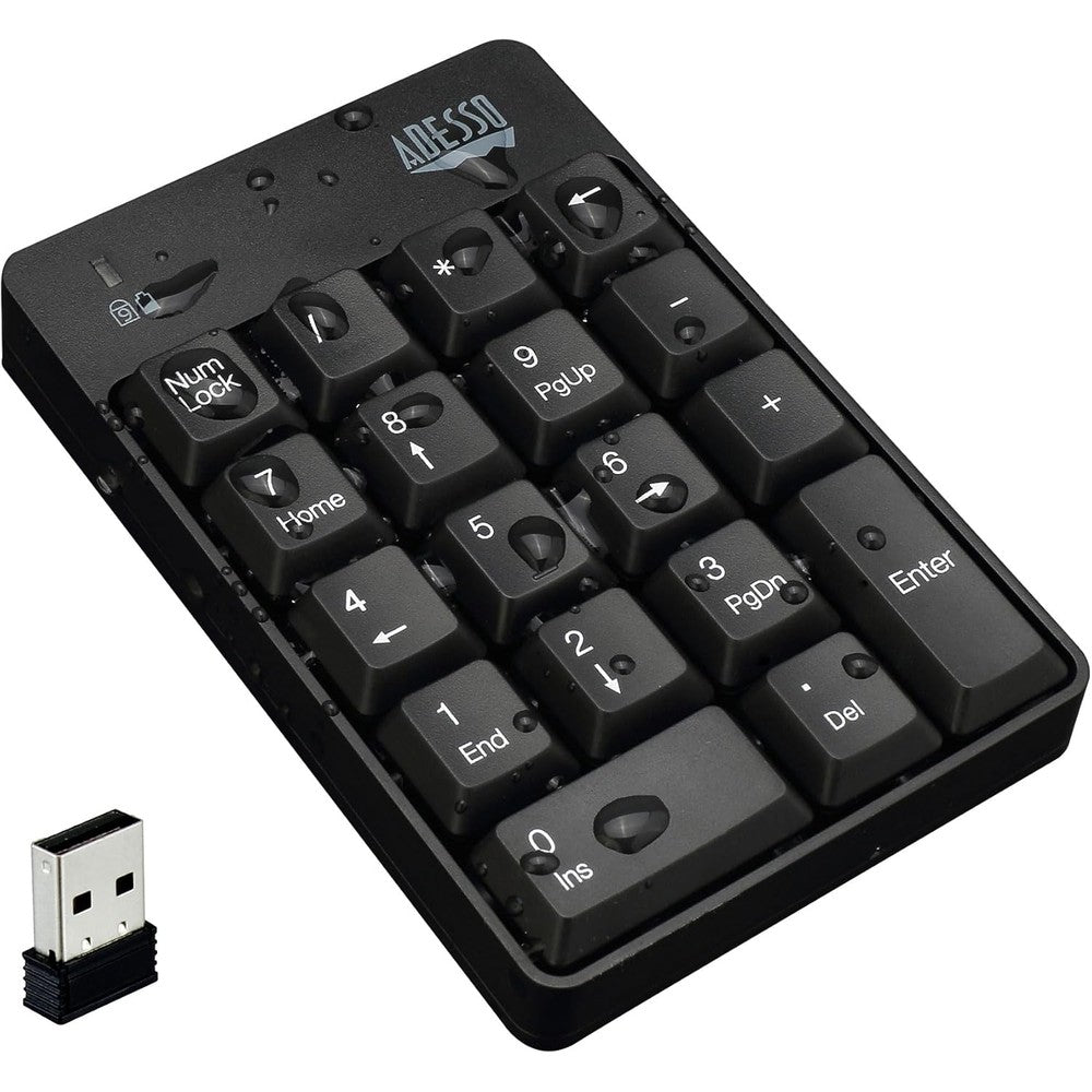 Adesso wireless numeric keypad black front view showcasing eighteen key layout